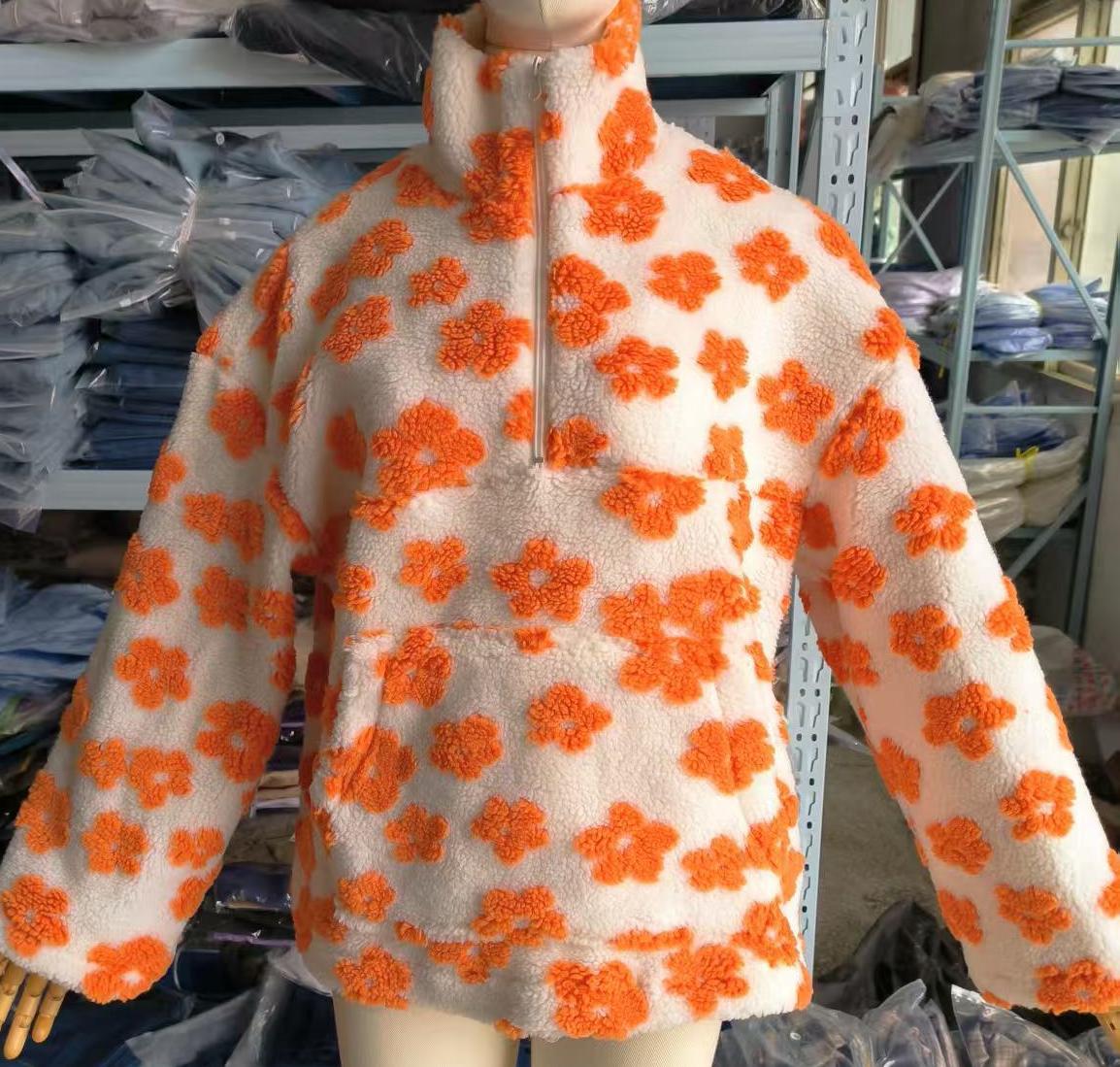 Daisy Print Sherpa Quarter Zip Sweatshirt - LOrange