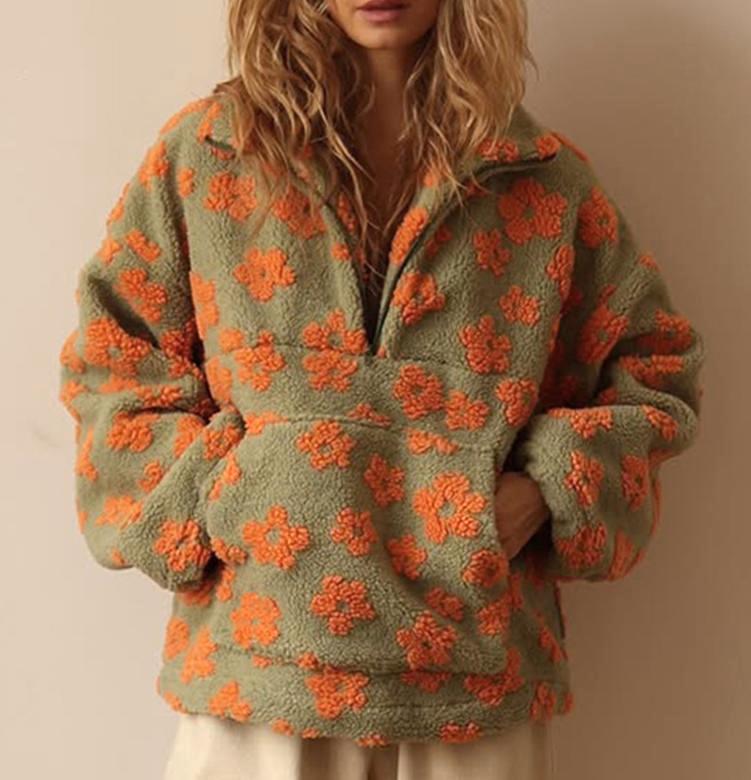 Daisy Print Sherpa Quarter Zip Sweatshirt - Orange