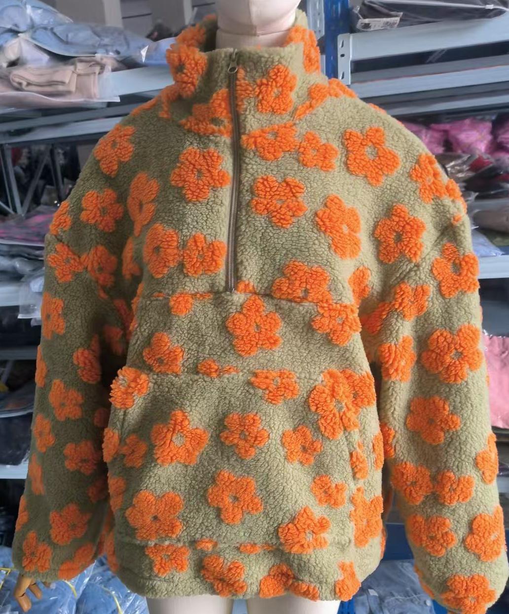 Daisy Print Sherpa Quarter Zip Sweatshirt - Orange - 1