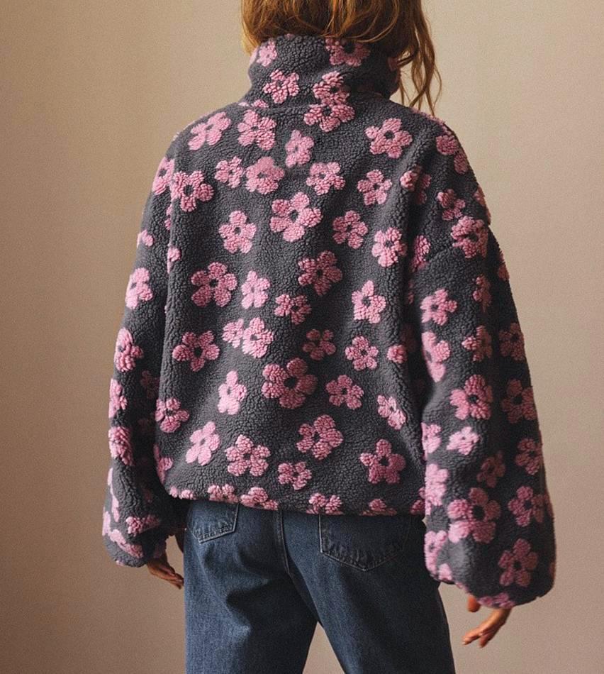 Daisy Print Sherpa Quarter Zip Sweatshirt - Pink