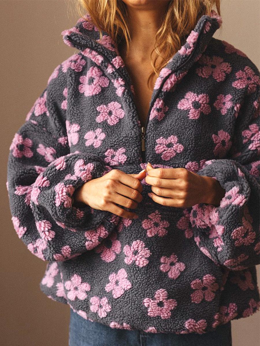 Daisy Print Sherpa Quarter Zip Sweatshirt - Pink - 1