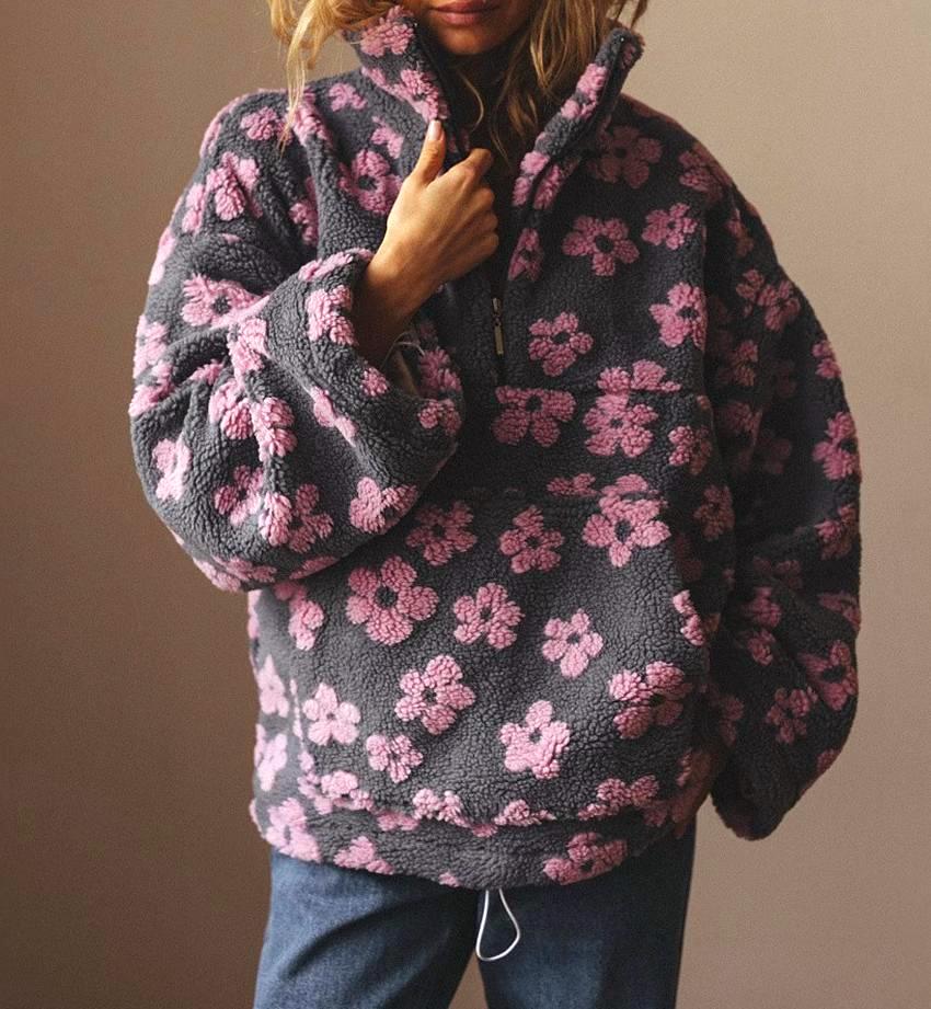 Daisy Print Sherpa Quarter Zip Sweatshirt - Pink - 3