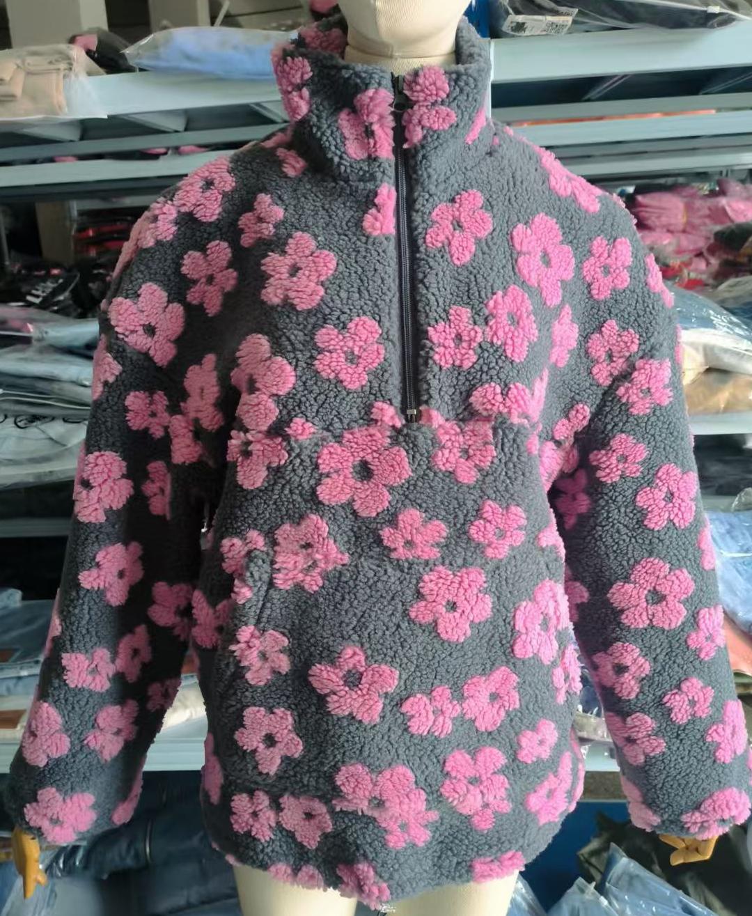 Daisy Print Sherpa Quarter Zip Sweatshirt - Pink - 4