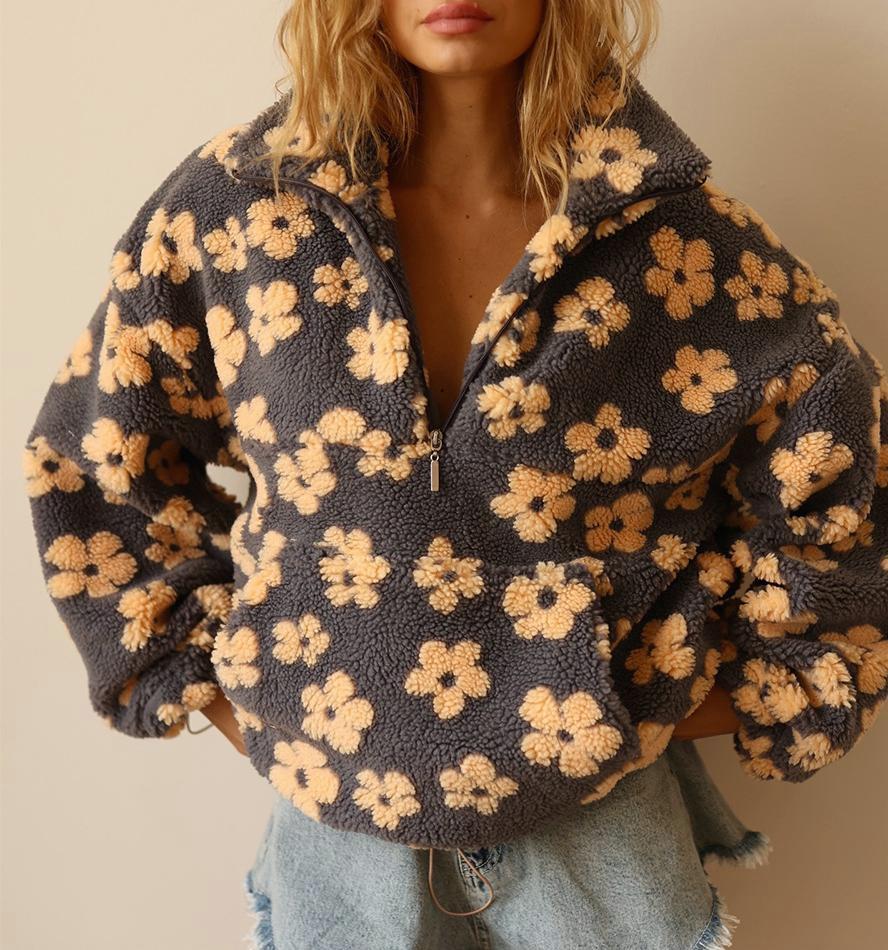 Daisy Print Sherpa Quarter Zip Sweatshirt - Yellow