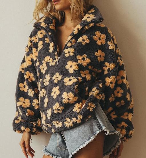 Daisy Print Sherpa Quarter Zip Sweatshirt - Yellow - 2
