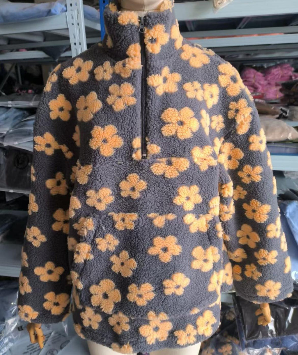 Daisy Print Sherpa Quarter Zip Sweatshirt - Yellow - 3