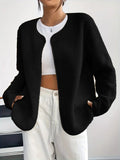 Contrast Trim Plush Open Front Cardigan - Black