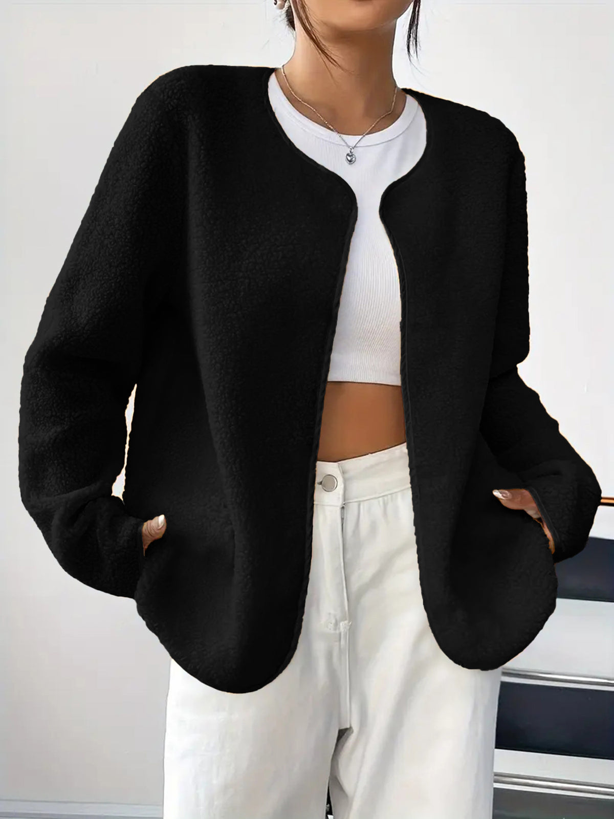 Contrast Trim Plush Open Front Cardigan - Black - 1