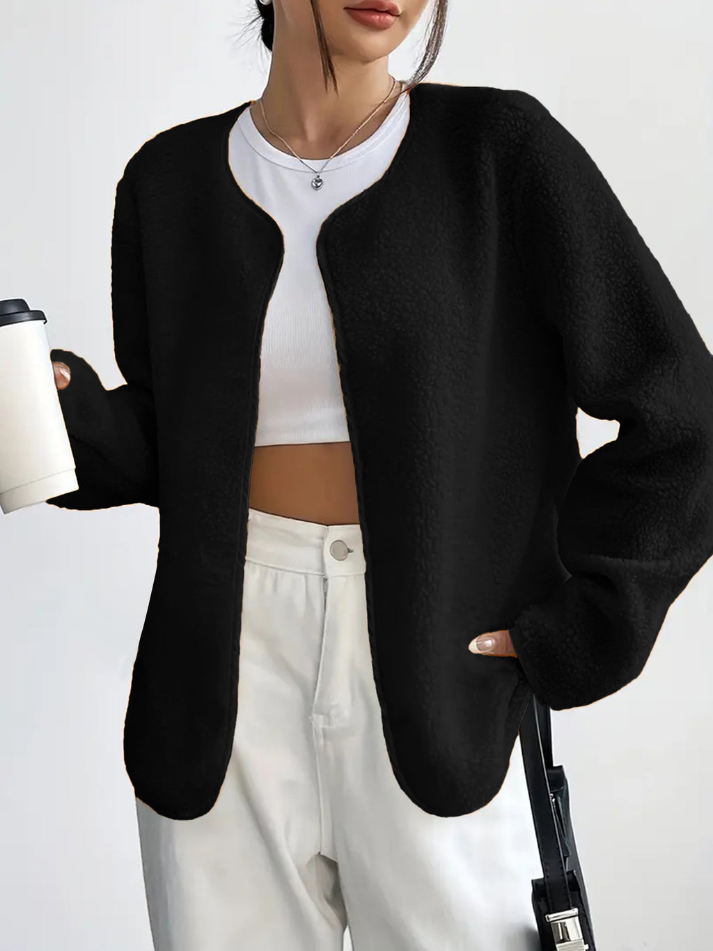Contrast Trim Plush Open Front Cardigan - Black - 2