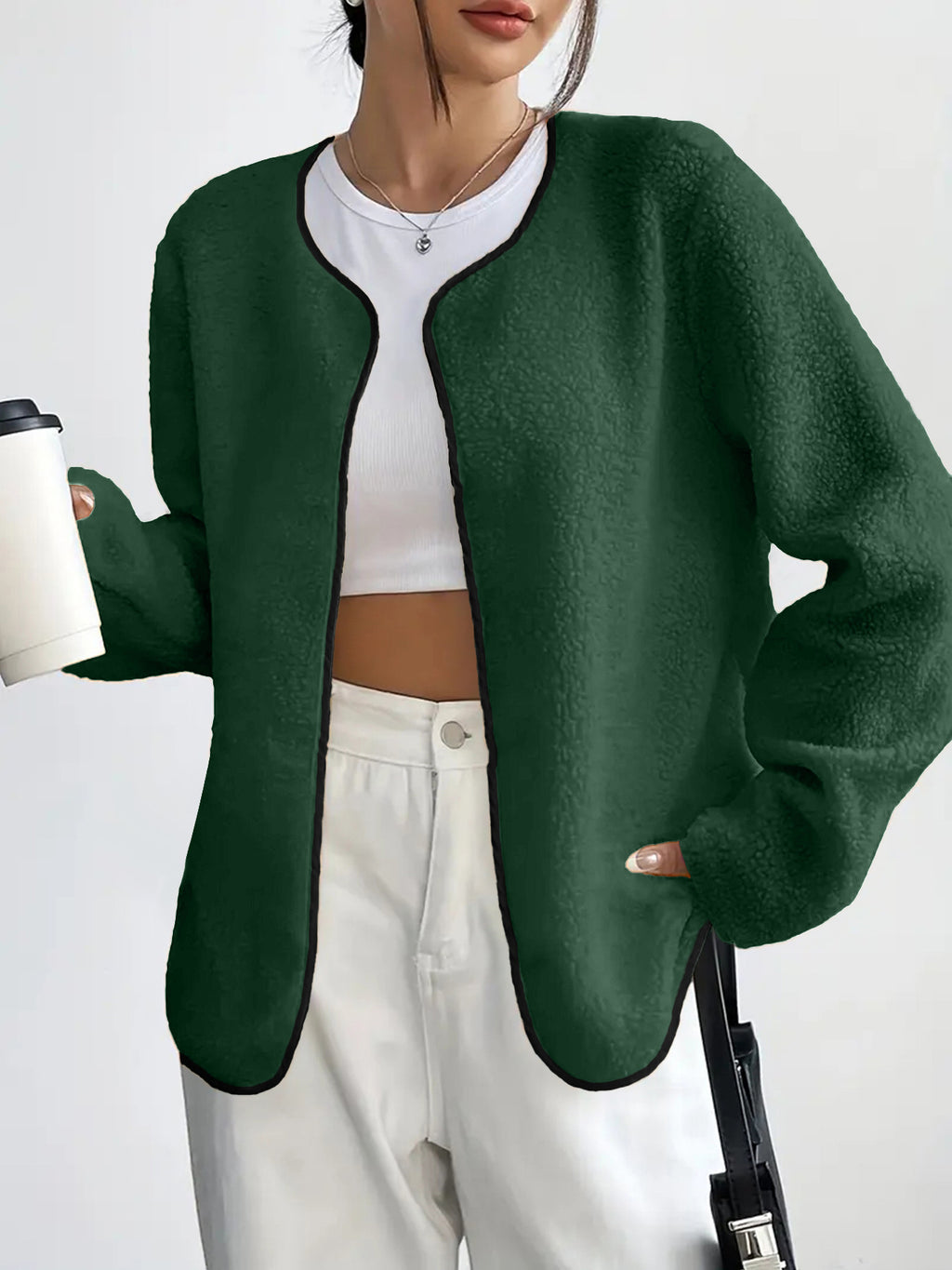 Contrast Trim Plush Open Front Cardigan - DkGreen