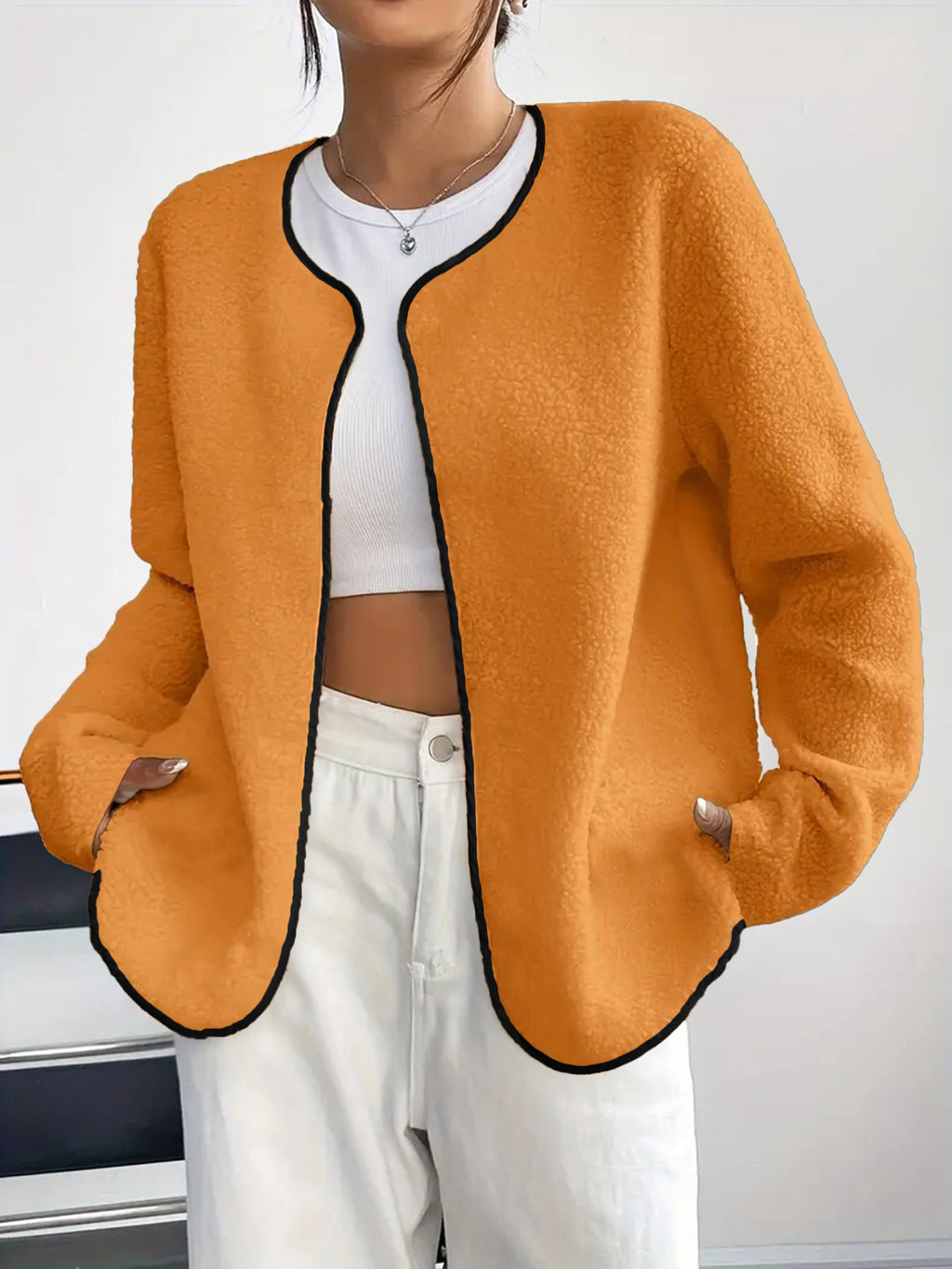 Contrast Trim Plush Open Front Cardigan - Orange