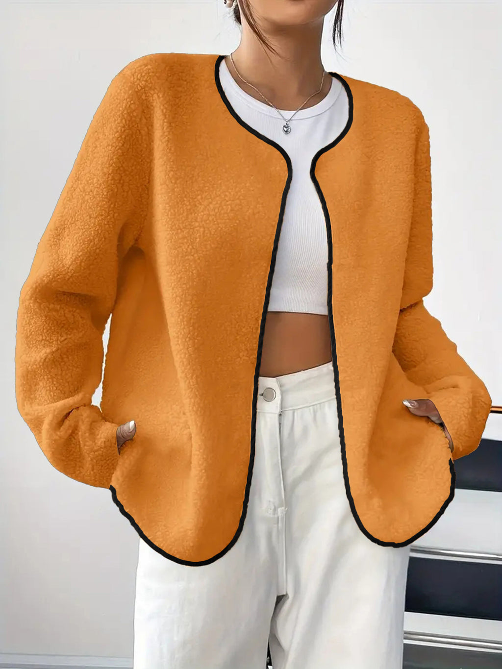 Contrast Trim Plush Open Front Cardigan - Orange - 1