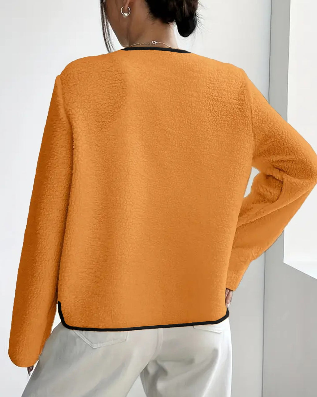 Contrast Trim Plush Open Front Cardigan - Orange - 3
