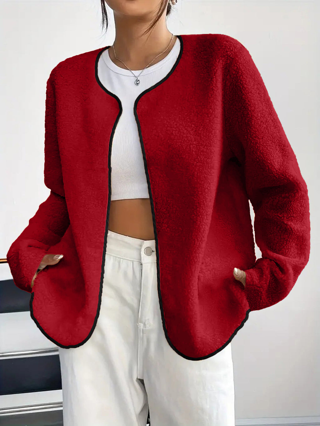 Contrast Trim Plush Open Front Cardigan - Red