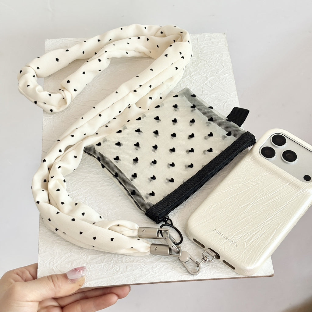 Crossbody Phone Lanyard With Mesh Zip Pouch - Beige