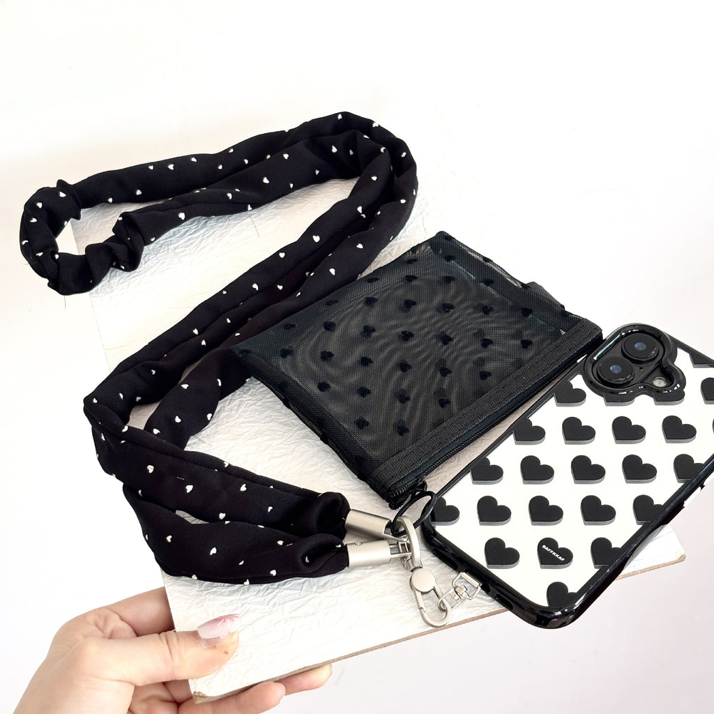 Crossbody Phone Lanyard With Mesh Zip Pouch - Black