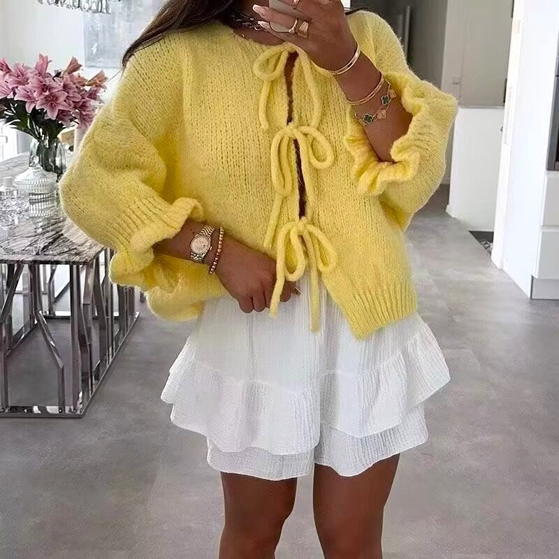 Bow Tie Front Ruffle Cuff Knit Cardigan - Yellow