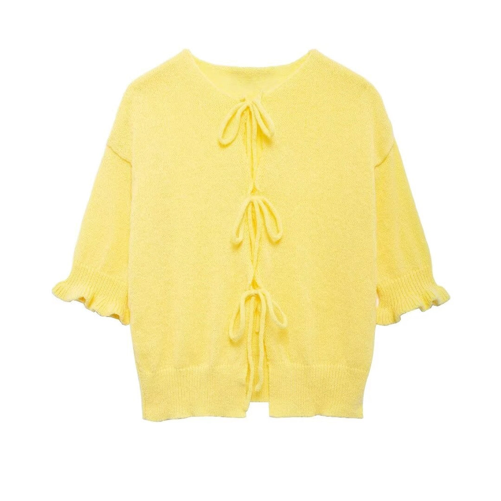Bow Tie Front Ruffle Cuff Knit Cardigan - Yellow - 1