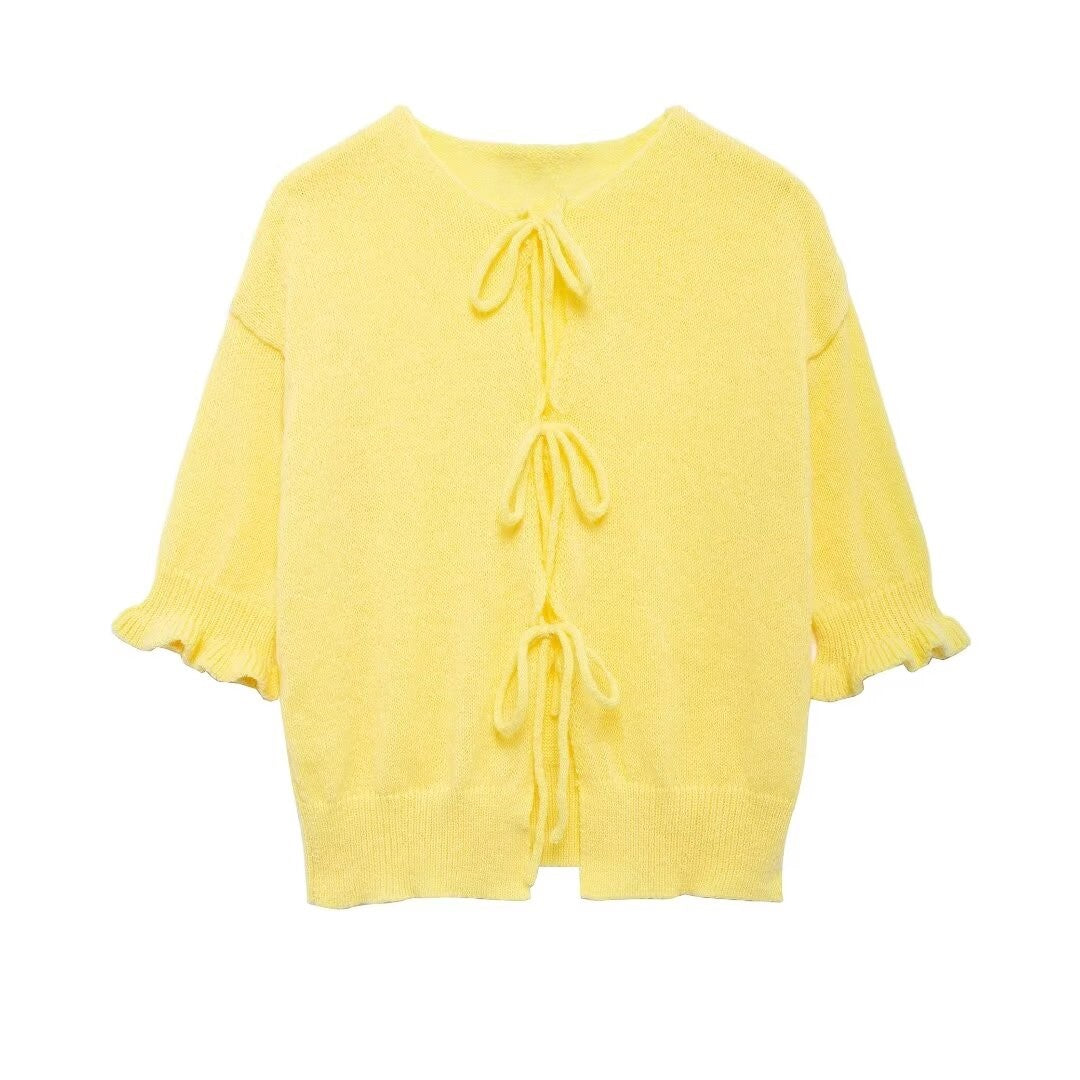 Bow Tie Front Ruffle Cuff Knit Cardigan - Yellow - 1