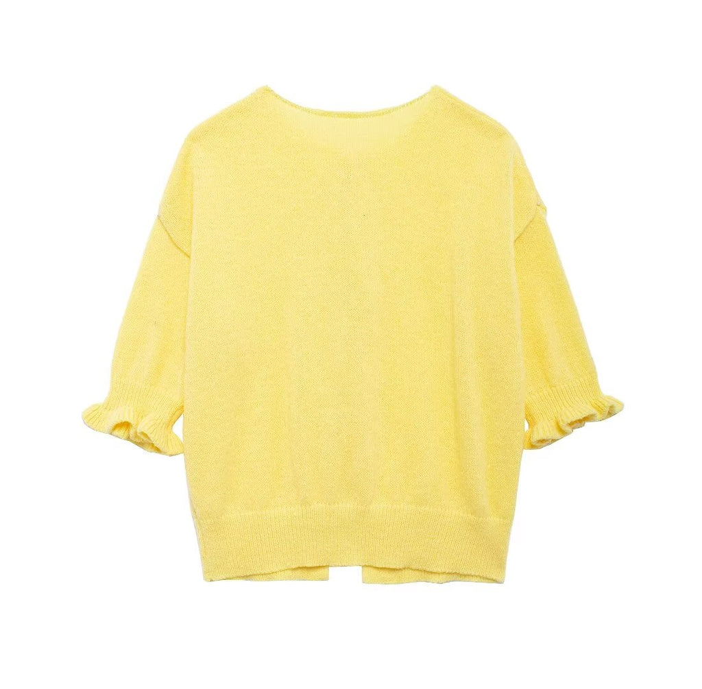 Bow Tie Front Ruffle Cuff Knit Cardigan - Yellow - 2