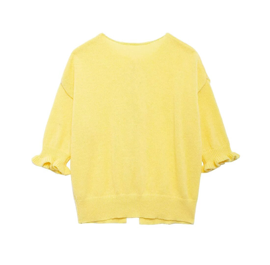Bow Tie Front Ruffle Cuff Knit Cardigan - Yellow - 2