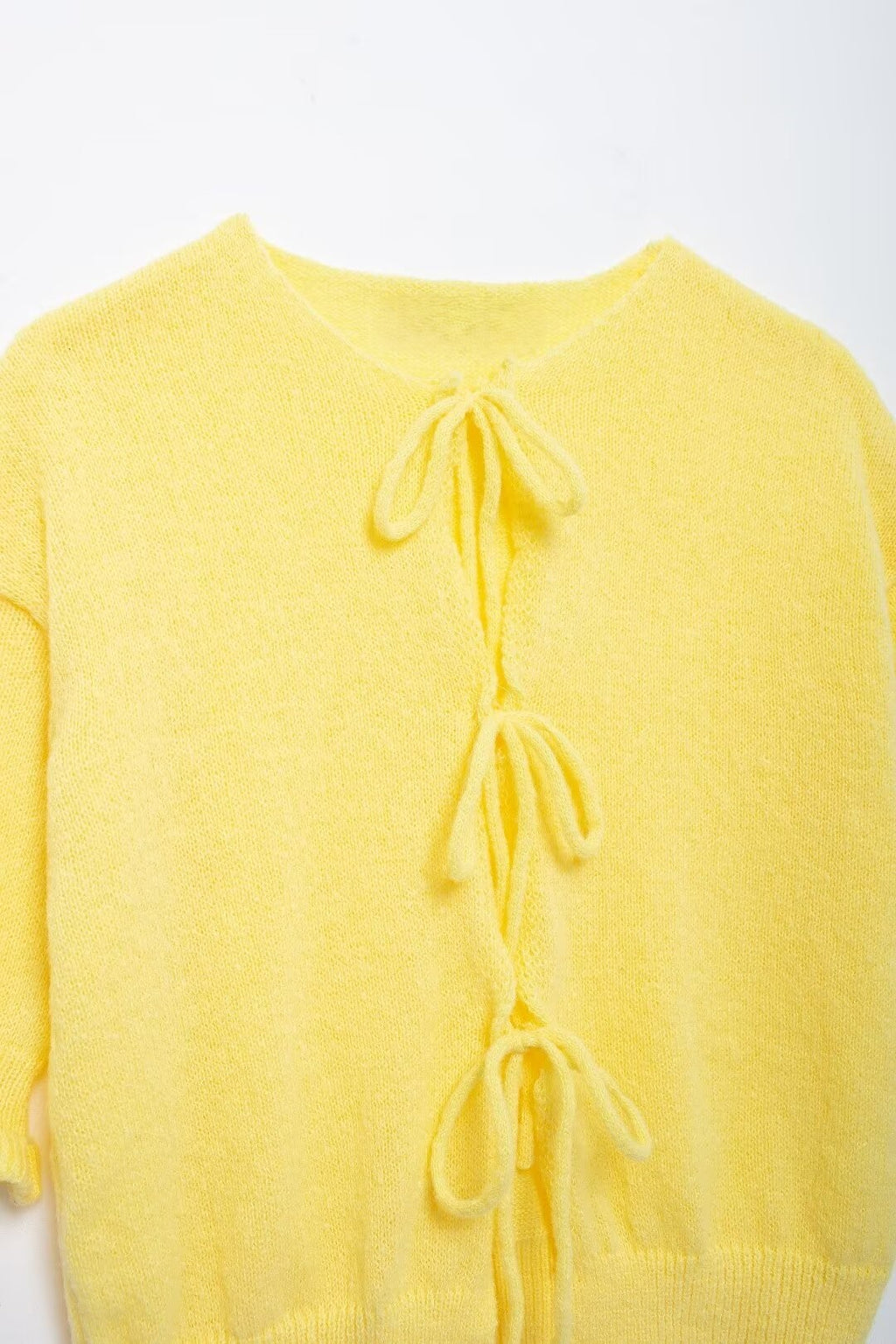 Bow Tie Front Ruffle Cuff Knit Cardigan - Yellow - 3