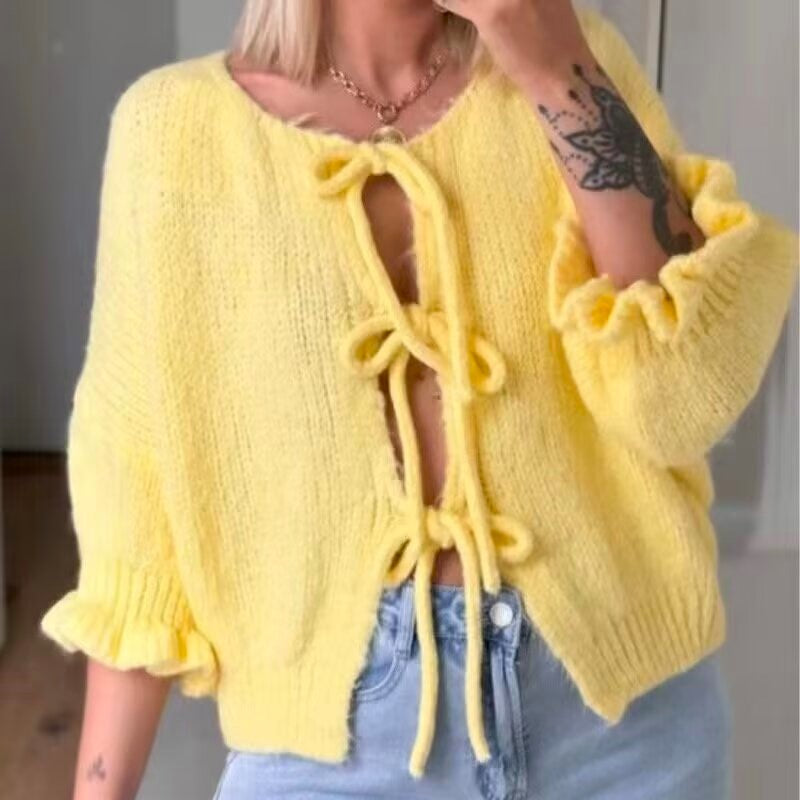 Bow Tie Front Ruffle Cuff Knit Cardigan - Yellow - 6