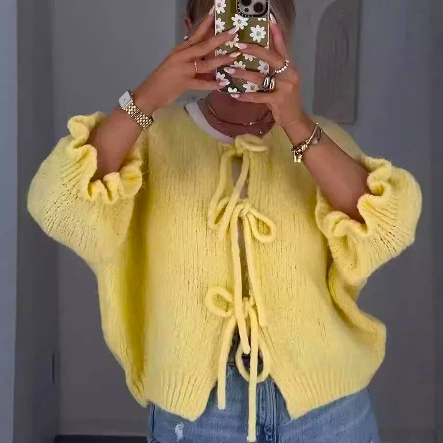 Bow Tie Front Ruffle Cuff Knit Cardigan - Yellow - 7