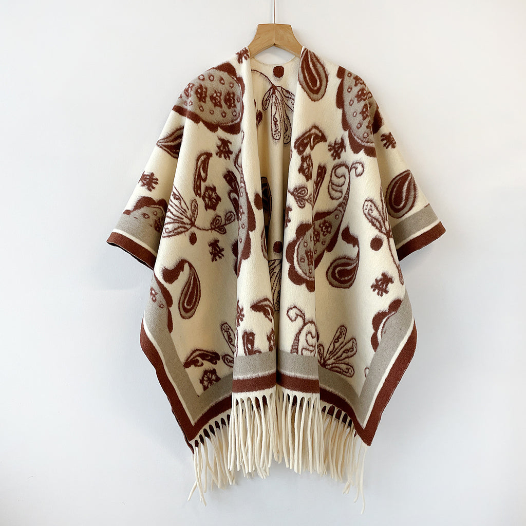 Paisley Jacquard Fringe Open Front Cape - Beige