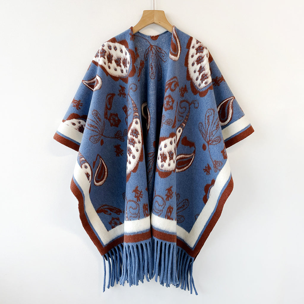 Paisley Jacquard Fringe Open Front Cape - Blue