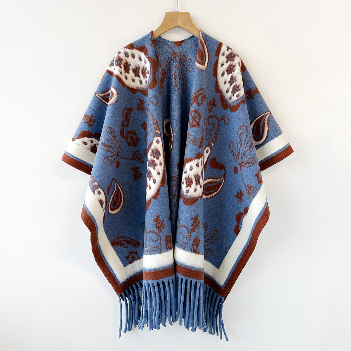 Paisley Jacquard Fringe Open Front Cape - Blue