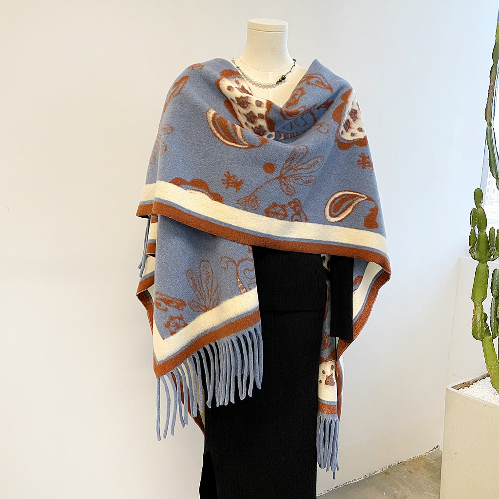 Paisley Jacquard Fringe Open Front Cape - Blue - 3
