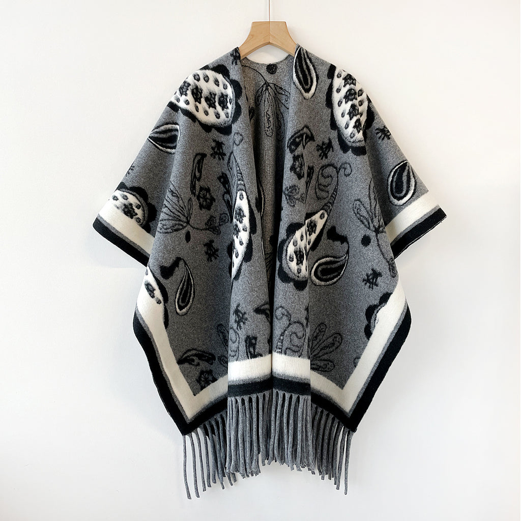 Paisley Jacquard Fringe Open Front Cape - Grey