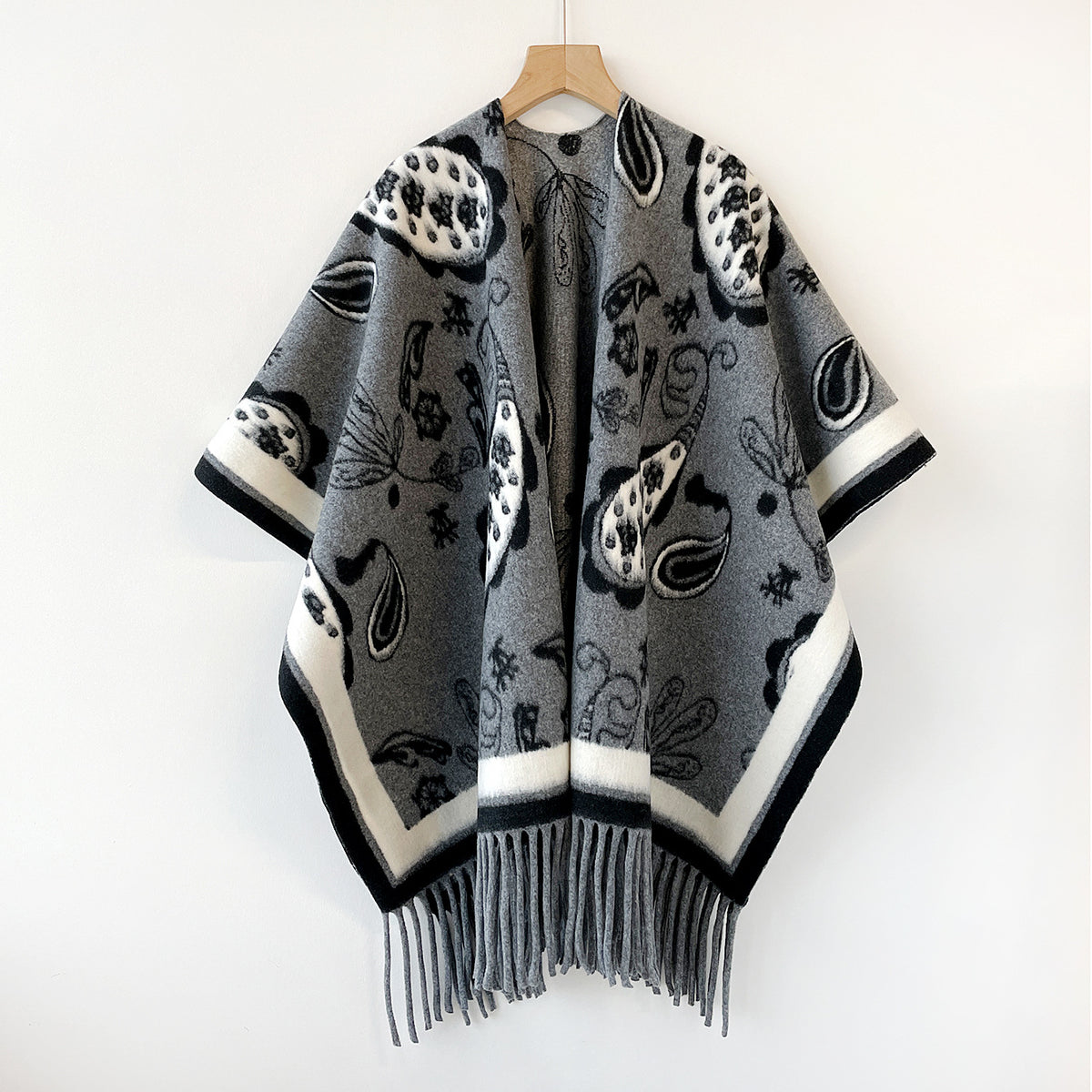 Paisley Jacquard Fringe Open Front Cape - Grey