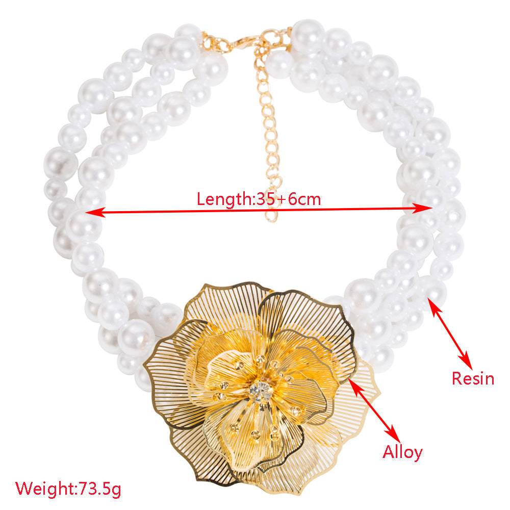Pearl Strand Mesh Camellia Jewelry Set - G-Necklace