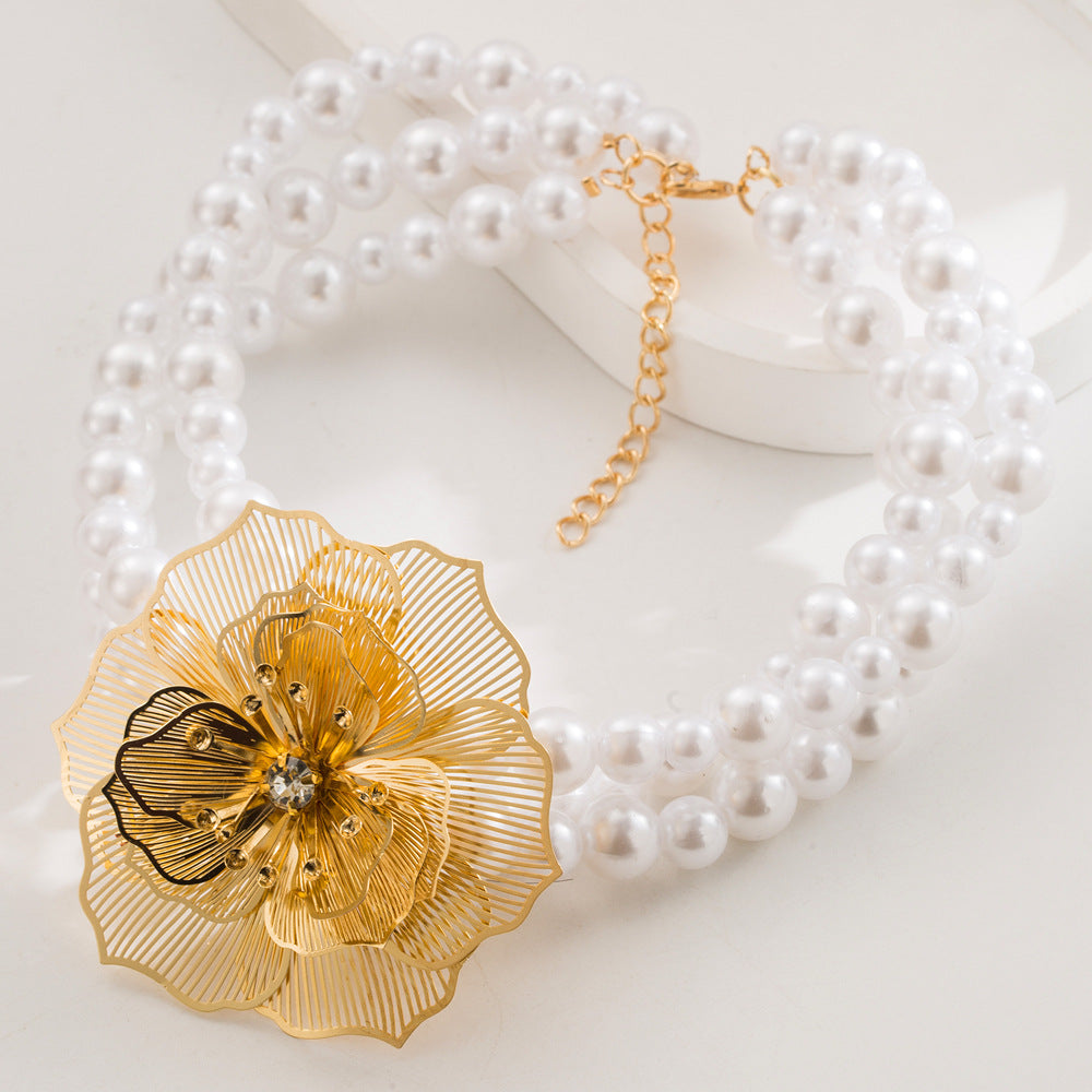 Pearl Strand Mesh Camellia Jewelry Set - G-Necklace - 1