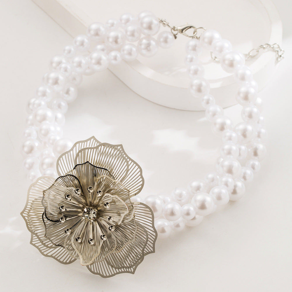 Pearl Strand Mesh Camellia Jewelry Set - S-Necklace
