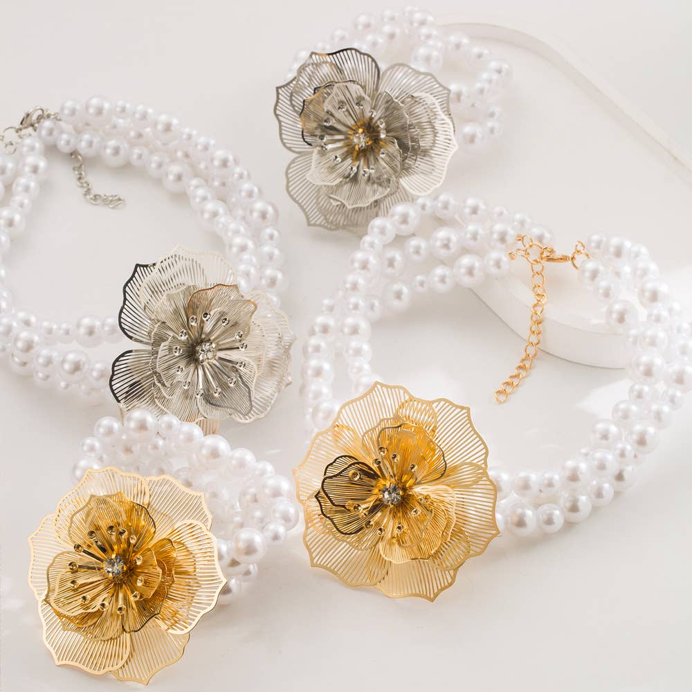 Pearl Strand Mesh Camellia Jewelry Set
