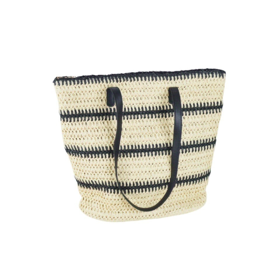 Striped Straw Beach Shoulder Bag - Beige