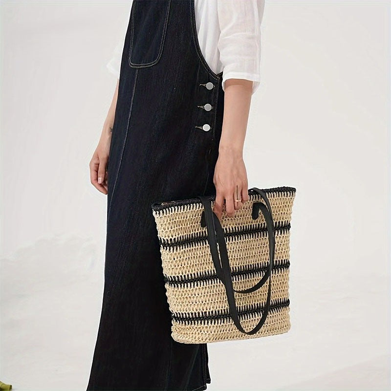 Striped Straw Beach Shoulder Bag