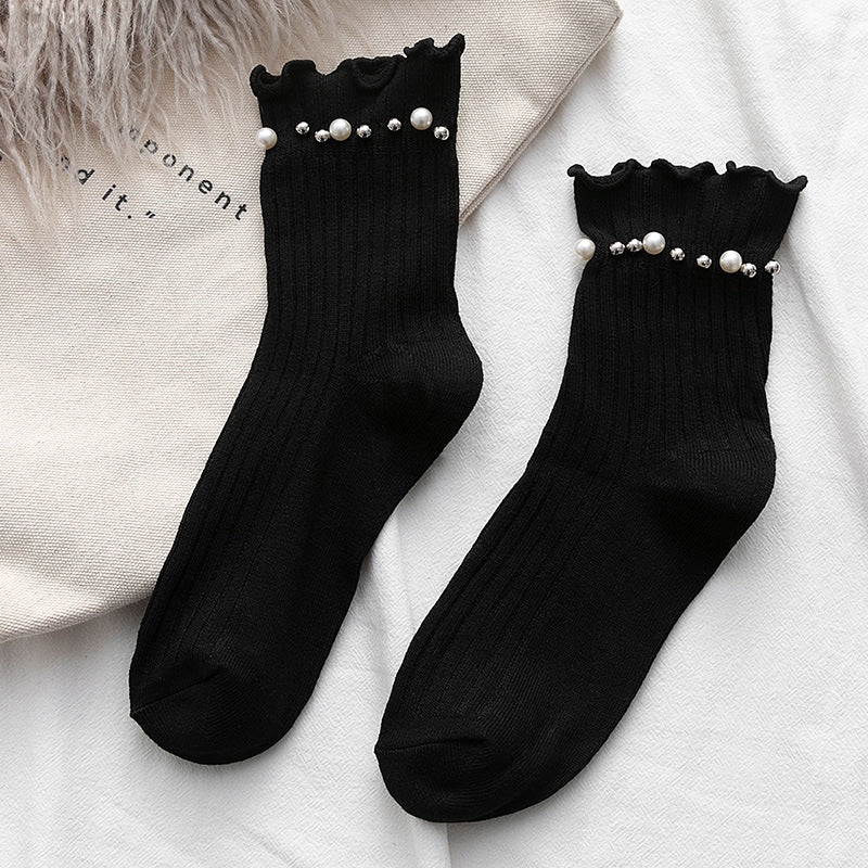 Pearl Trim Frill Cuff Ribbed Socks - Black