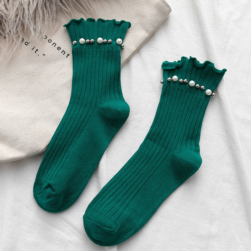 Pearl Trim Frill Cuff Ribbed Socks - Green
