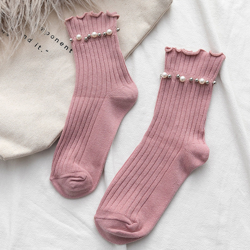 Pearl Trim Frill Cuff Ribbed Socks - Pink