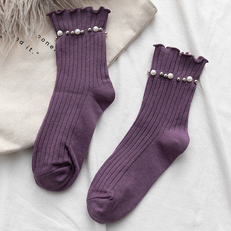 Pearl Trim Frill Cuff Ribbed Socks - Purple