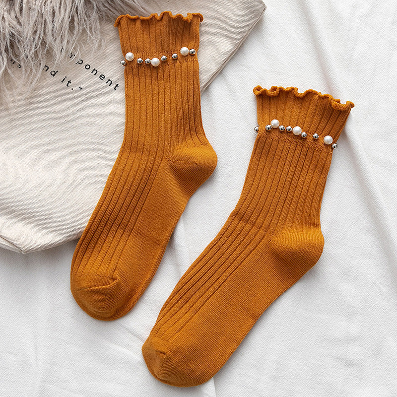 Pearl Trim Frill Cuff Ribbed Socks - Turmeric
