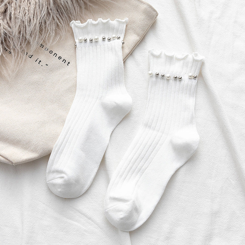 Pearl Trim Frill Cuff Ribbed Socks - White