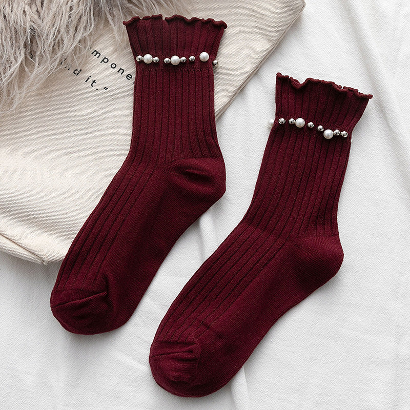 Pearl Trim Frill Cuff Ribbed Socks - Wine_Red