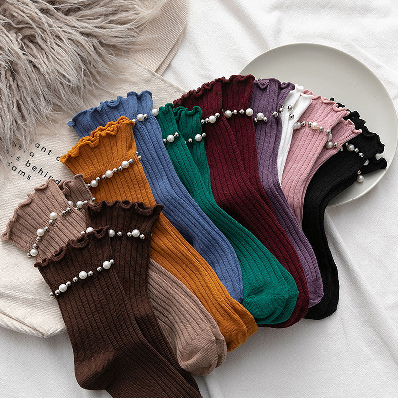 Pearl Trim Frill Cuff Ribbed Socks