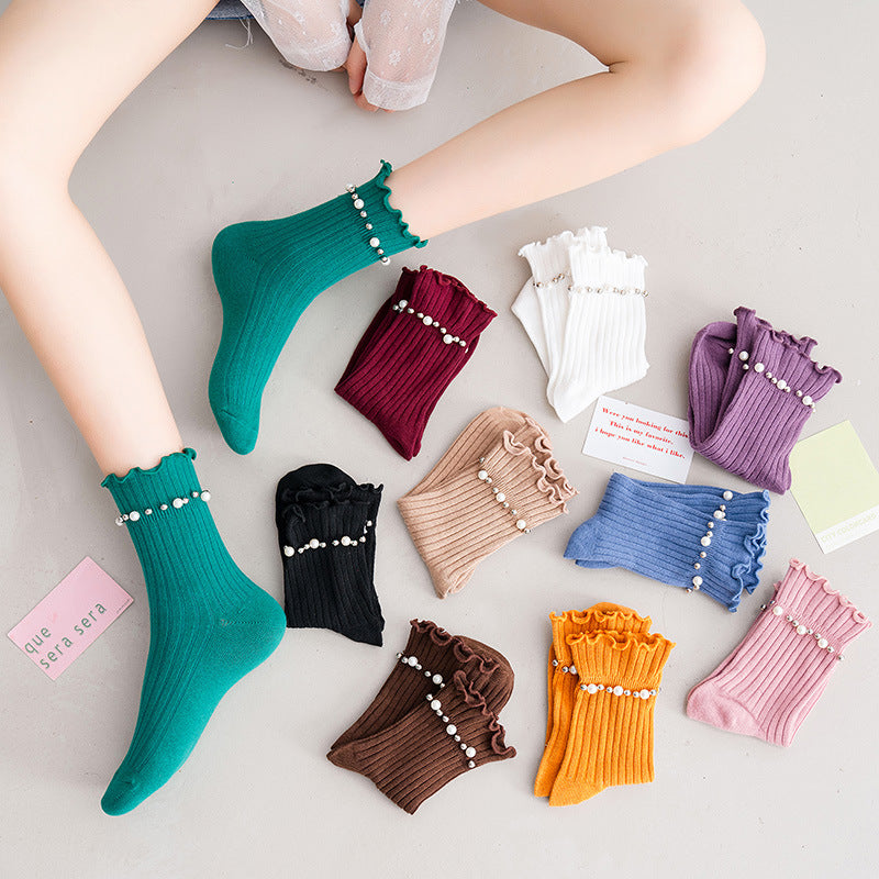 Pearl Trim Frill Cuff Ribbed Socks - view 1