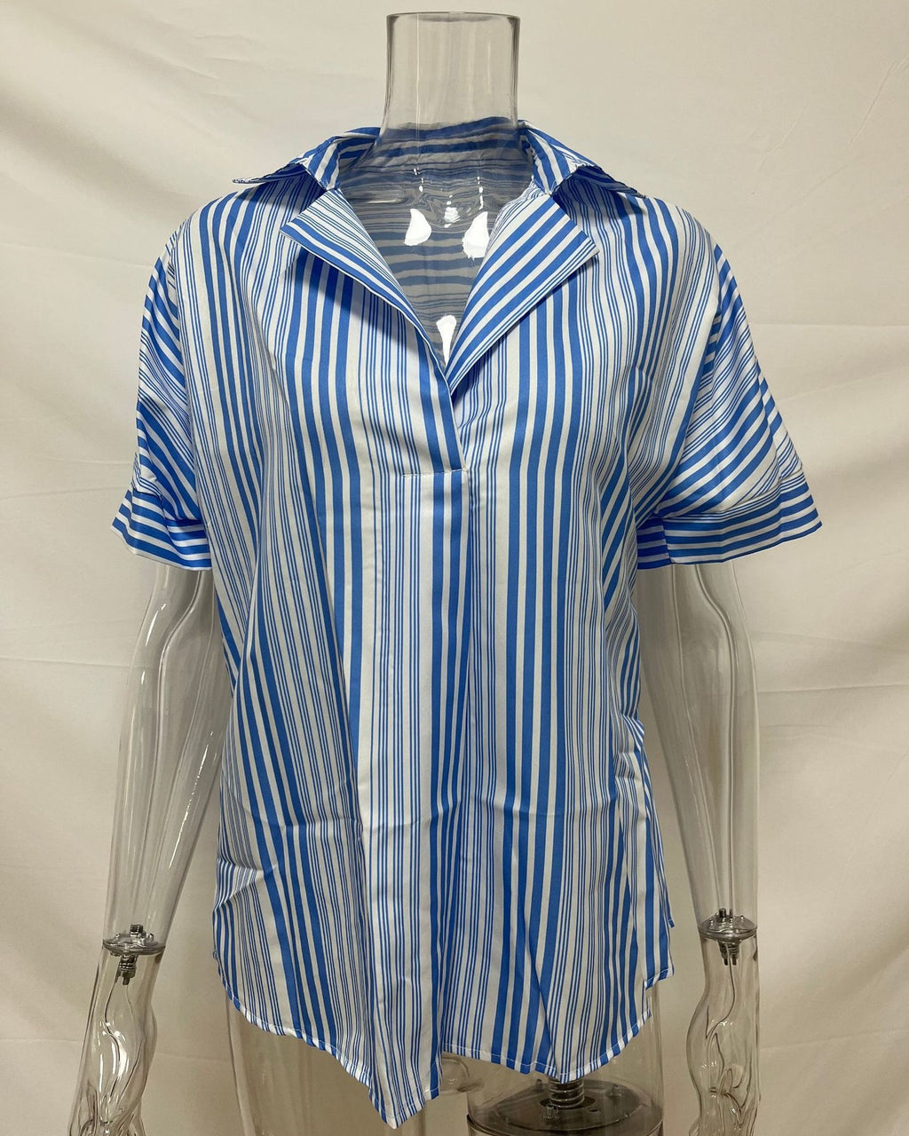 Printed Notch Collar Short Sleeve Popover Shirt - Blue